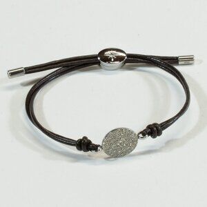 Fossil Adjustable Silver Disc Bracelet with CZ Stones & Brown Leather